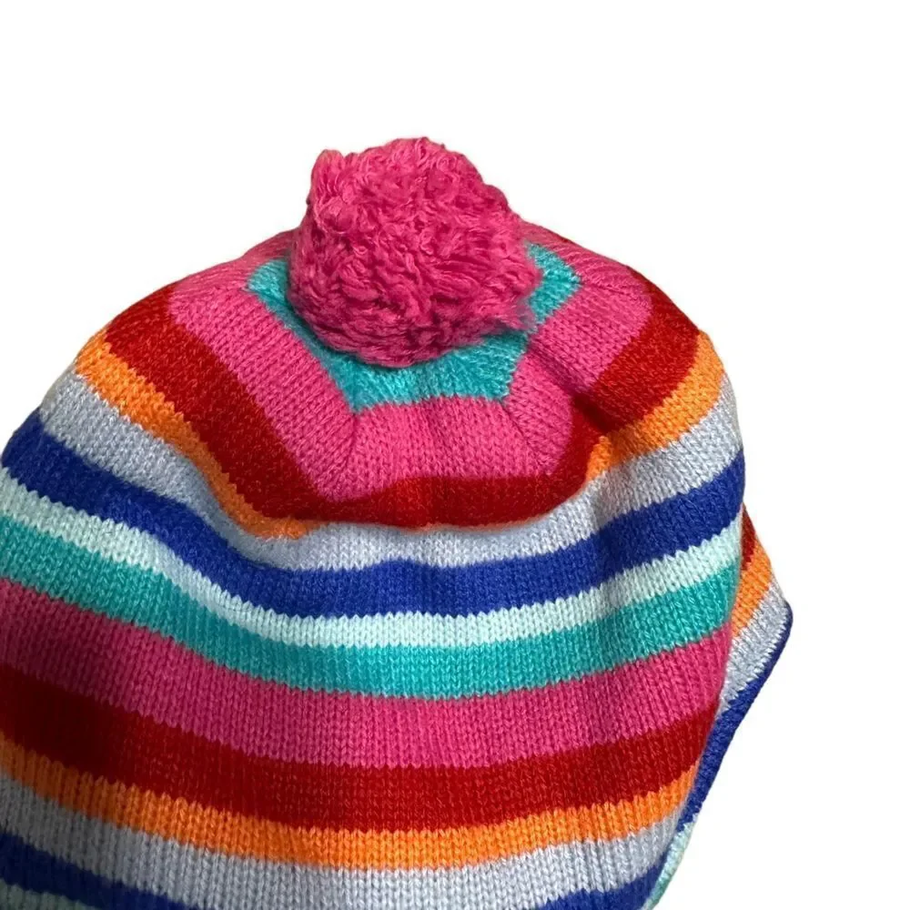 Lands End Pink striped Peruvian fleece lined bobble hat